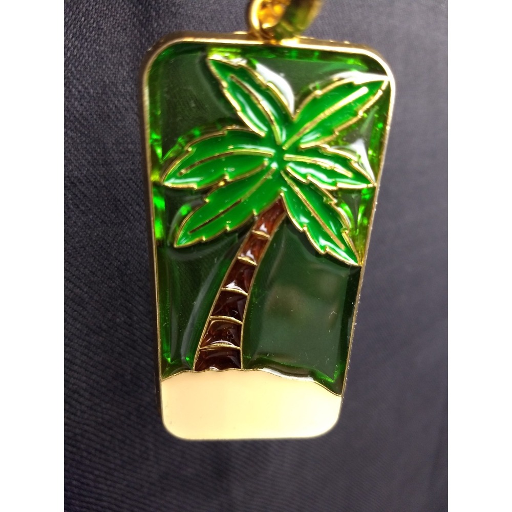 Vintage Palm Tree Enamel Keychain Green Suncatcher Gold-Tone Metal Keyring 1970s